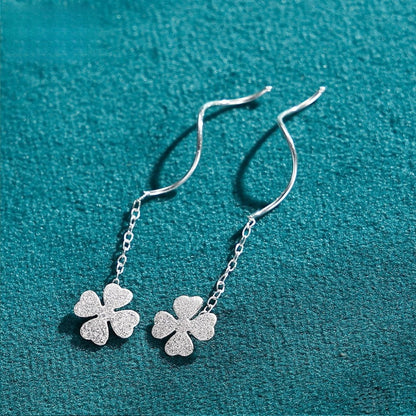 Matte Four-Leaf Clover Threader Earrings, Delicate Drop Ear Jewelry for Women