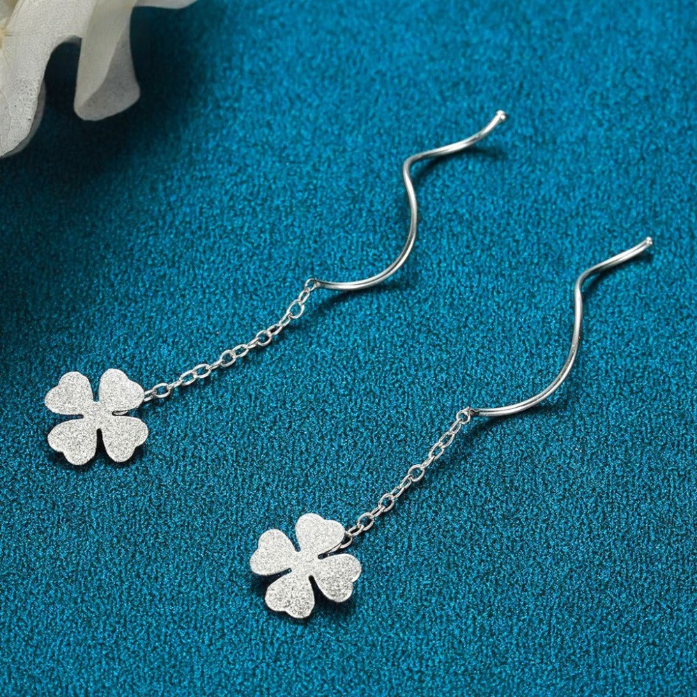 Matte Four-Leaf Clover Threader Earrings, Delicate Drop Ear Jewelry for Women
