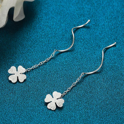 Matte Four-Leaf Clover Threader Earrings, Delicate Drop Ear Jewelry for Women