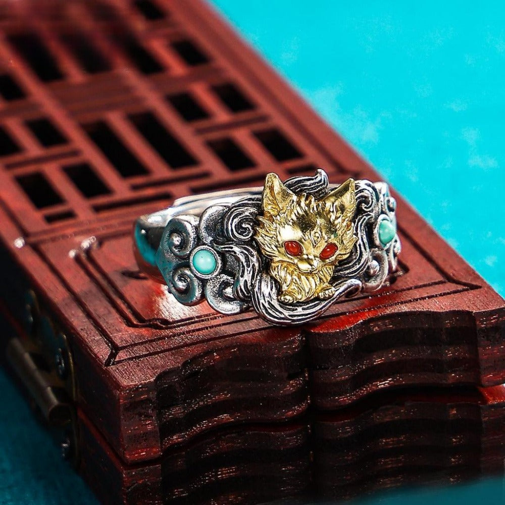 Nine-Tailed Fox Gold Plated Open Ring, Mythical Animal Adjustable Ring, Vintage Silver Statement Ring for Women
