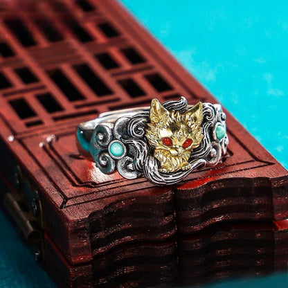 Nine-Tailed Fox Gold Plated Open Ring, Mythical Animal Adjustable Ring, Vintage Silver Statement Ring for Women
