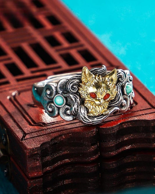 Nine-Tailed Fox Gold Plated Open Ring, Mythical Animal Adjustable Ring, Vintage Silver Statement Ring for Women