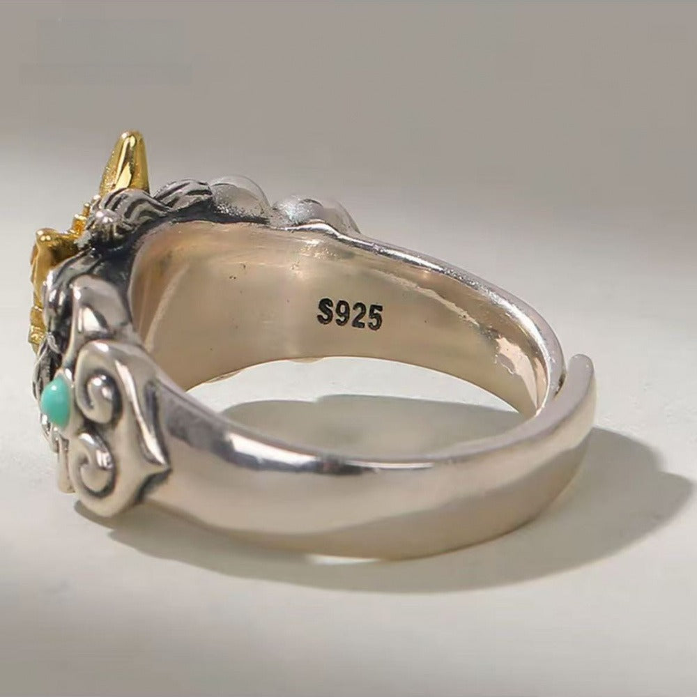 Nine-Tailed Fox Gold Plated Open Ring, Mythical Animal Adjustable Ring, Vintage Silver Statement Ring for Women