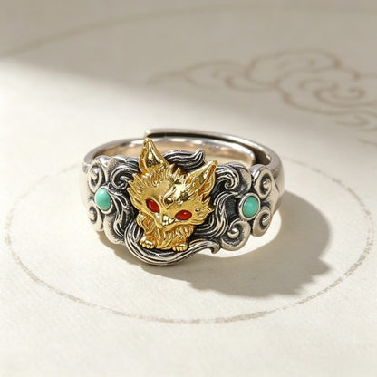 Nine-Tailed Fox Gold Plated Open Ring, Mythical Animal Adjustable Ring, Vintage Silver Statement Ring for Women