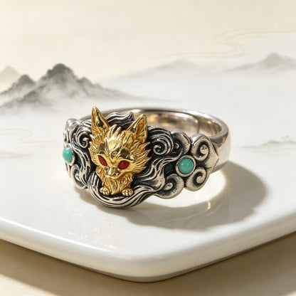 Nine-Tailed Fox Gold Plated Open Ring, Mythical Animal Adjustable Ring, Vintage Silver Statement Ring for Women