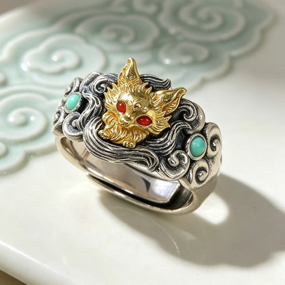 Nine-Tailed Fox Gold Plated Open Ring, Mythical Animal Adjustable Ring, Vintage Silver Statement Ring for Women