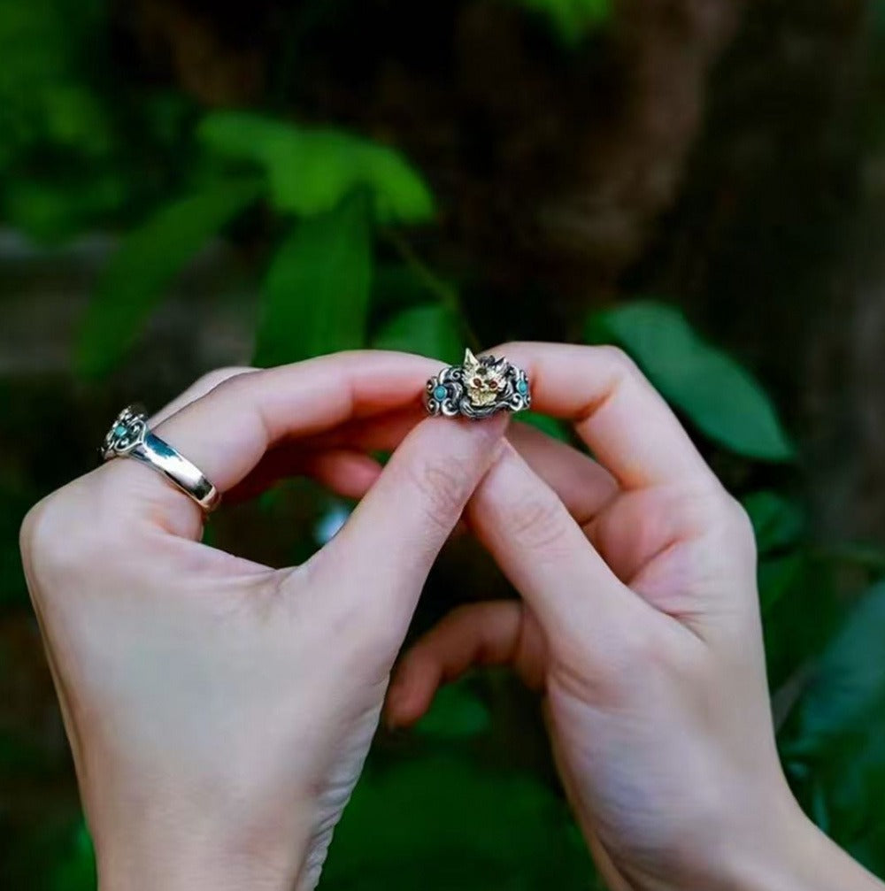 Nine-Tailed Fox Gold Plated Open Ring, Mythical Animal Adjustable Ring, Vintage Silver Statement Ring for Women