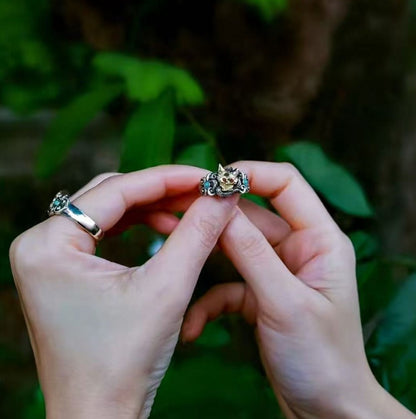 Nine-Tailed Fox Gold Plated Open Ring, Mythical Animal Adjustable Ring, Vintage Silver Statement Ring for Women
