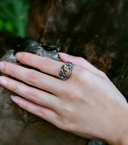 Nine-Tailed Fox Gold Plated Open Ring, Mythical Animal Adjustable Ring, Vintage Silver Statement Ring for Women