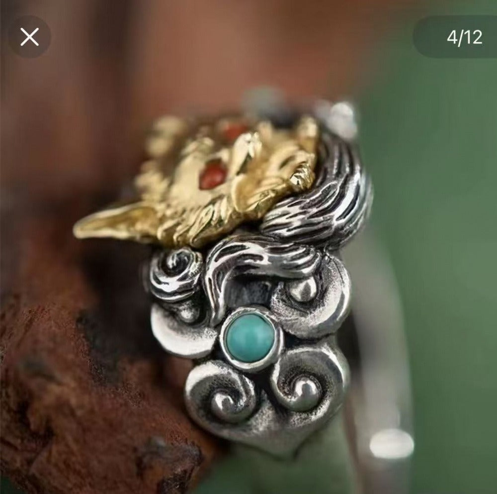 Nine-Tailed Fox Gold Plated Open Ring, Mythical Animal Adjustable Ring, Vintage Silver Statement Ring for Women