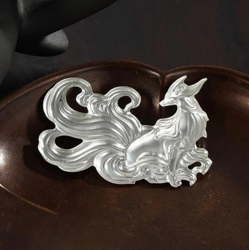 999 Fine Silver Nine-Tailed Fox Tea Pet, Oriental Mythology Tea Table Ornament, Tea Play Decor