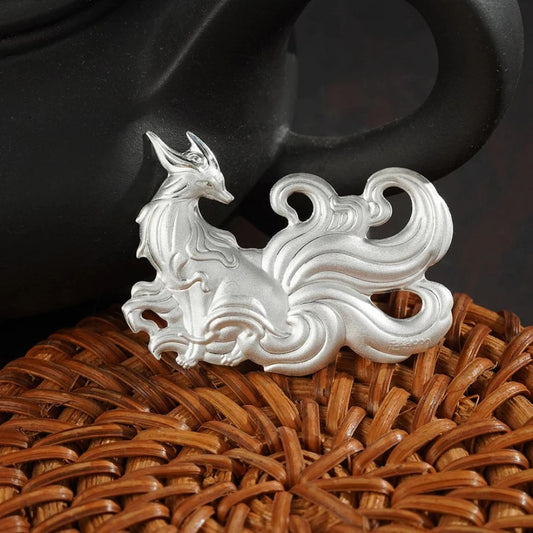999 Fine Silver Nine-Tailed Fox Tea Pet, Oriental Mythology Tea Table Ornament, Tea Play Decor