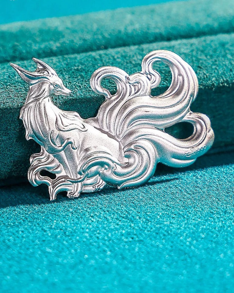 999 Fine Silver Nine-Tailed Fox Tea Pet, Oriental Mythology Tea Table Ornament, Tea Play Decor