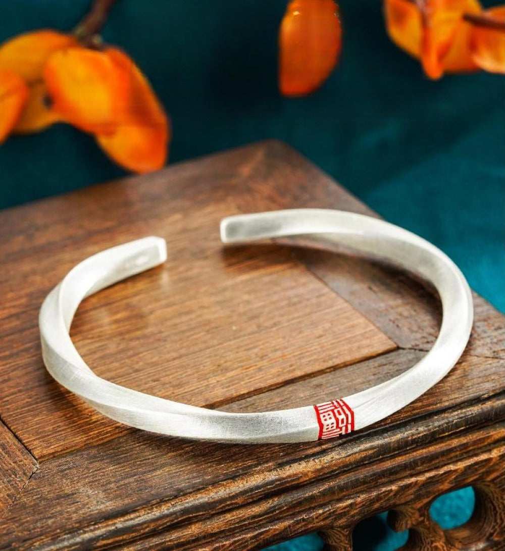 999 Fine Silver Mobius Open Bangle, Chinese Fu Character Open Adjustable Silver Bangle