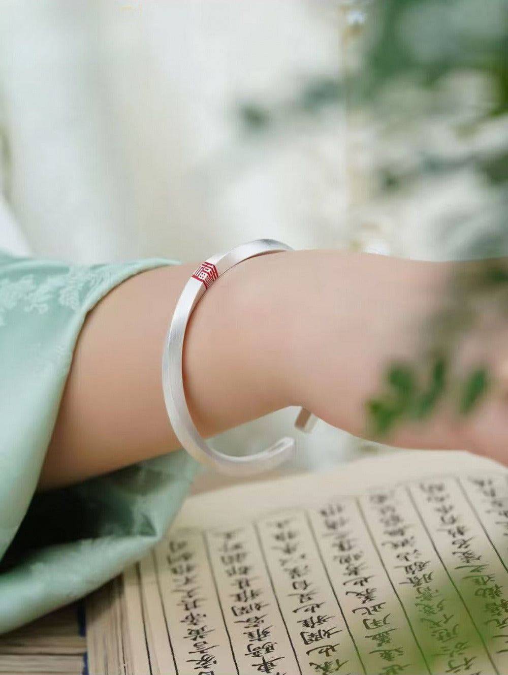 999 Fine Silver Mobius Open Bangle, Chinese Fu Character Open Adjustable Silver Bangle