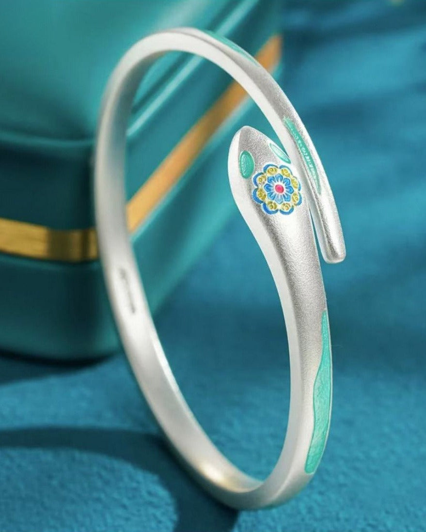 999 Fine Silver Auspicious Elephant & Flower Snake Open Bangle