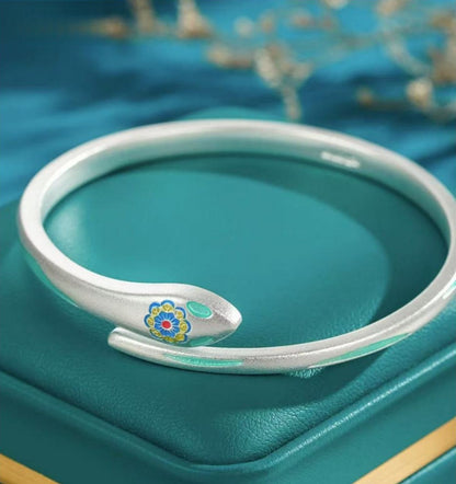 999 Fine Silver Auspicious Elephant & Flower Snake Open Bangle