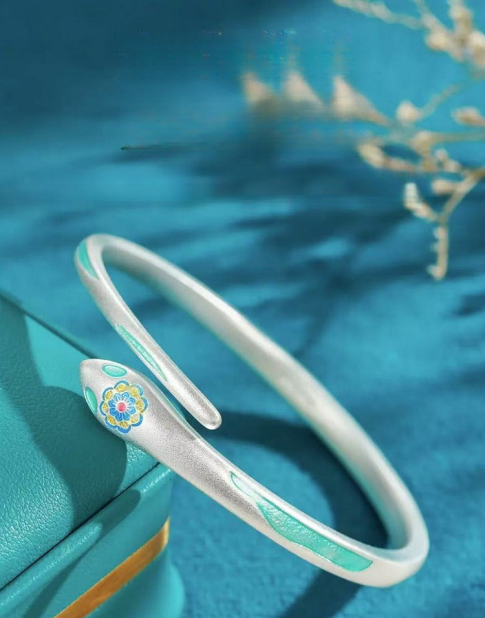 999 Fine Silver Auspicious Elephant & Flower Snake Open Bangle