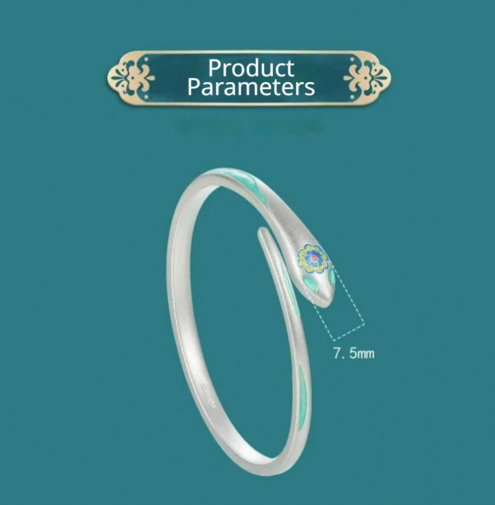 999 Fine Silver Auspicious Elephant & Flower Snake Open Bangle