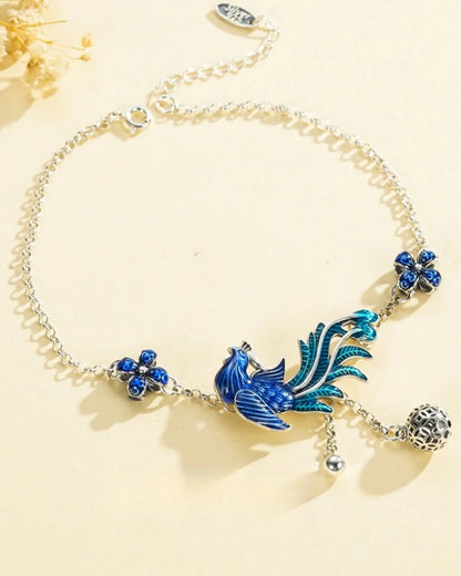 Phoenix & Flower Anklet, Oriental Floral Phoenix Adjustable Ankle Bracelet for Women