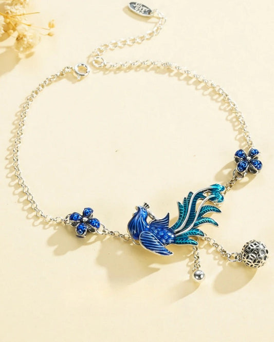 Phoenix & Flower Anklet, Oriental Floral Phoenix Adjustable Ankle Bracelet for Women