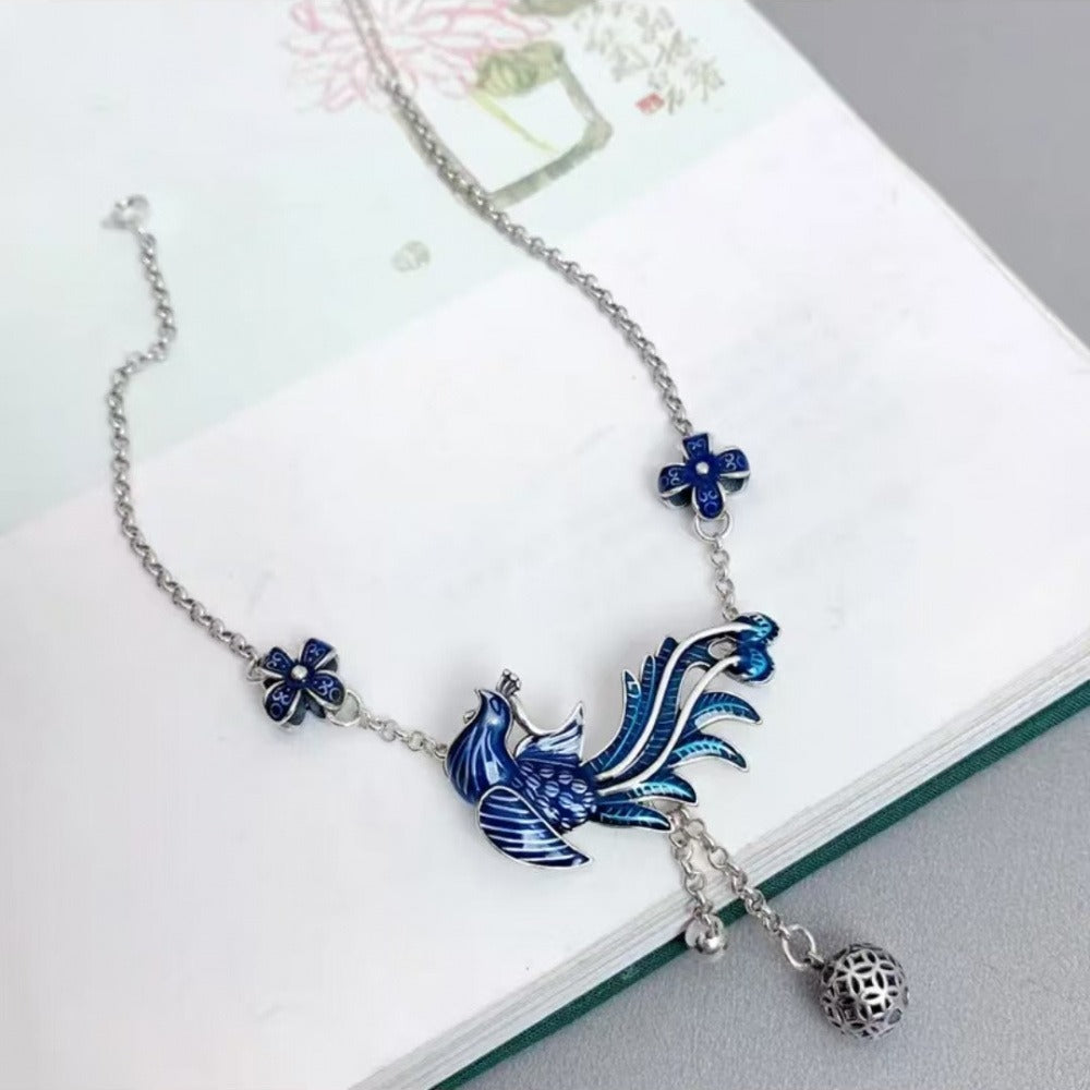 Phoenix & Flower Anklet, Oriental Floral Phoenix Adjustable Ankle Bracelet for Women
