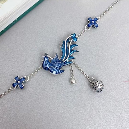 Phoenix & Flower Anklet, Oriental Floral Phoenix Adjustable Ankle Bracelet for Women