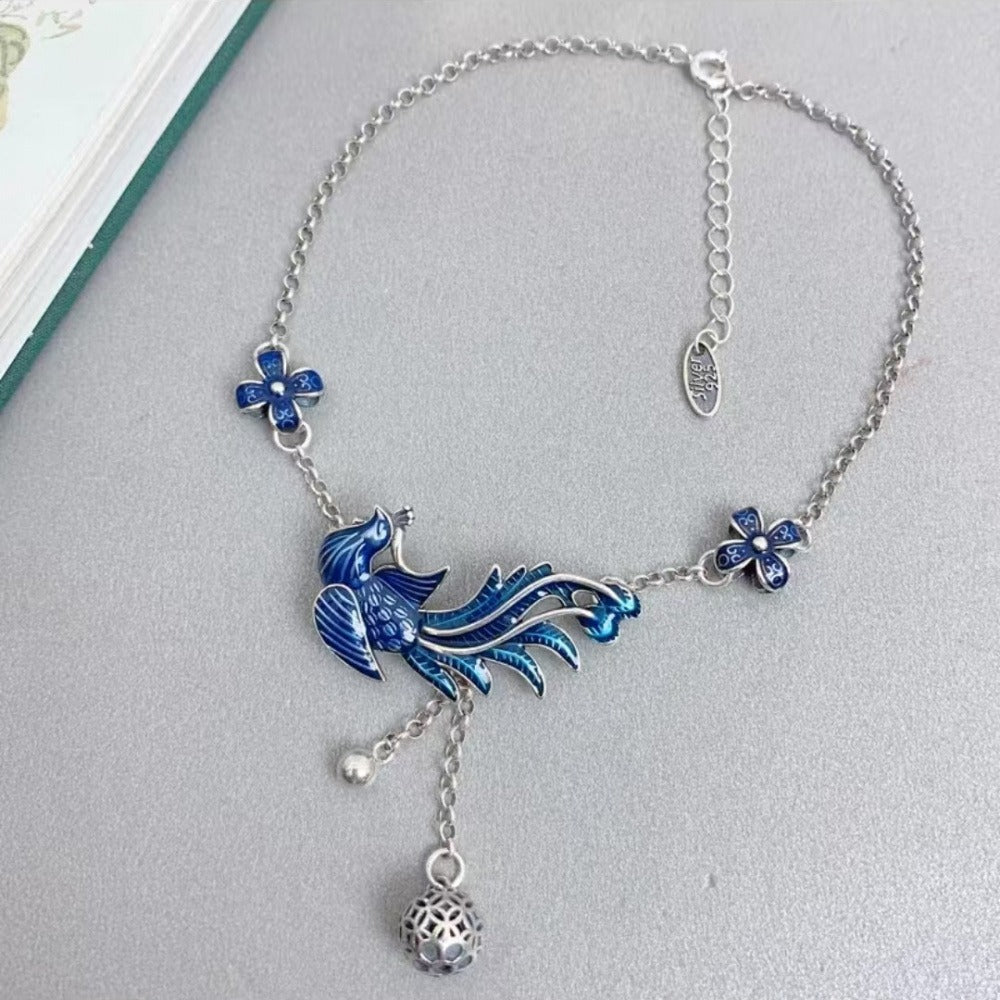 Phoenix & Flower Anklet, Oriental Floral Phoenix Adjustable Ankle Bracelet for Women