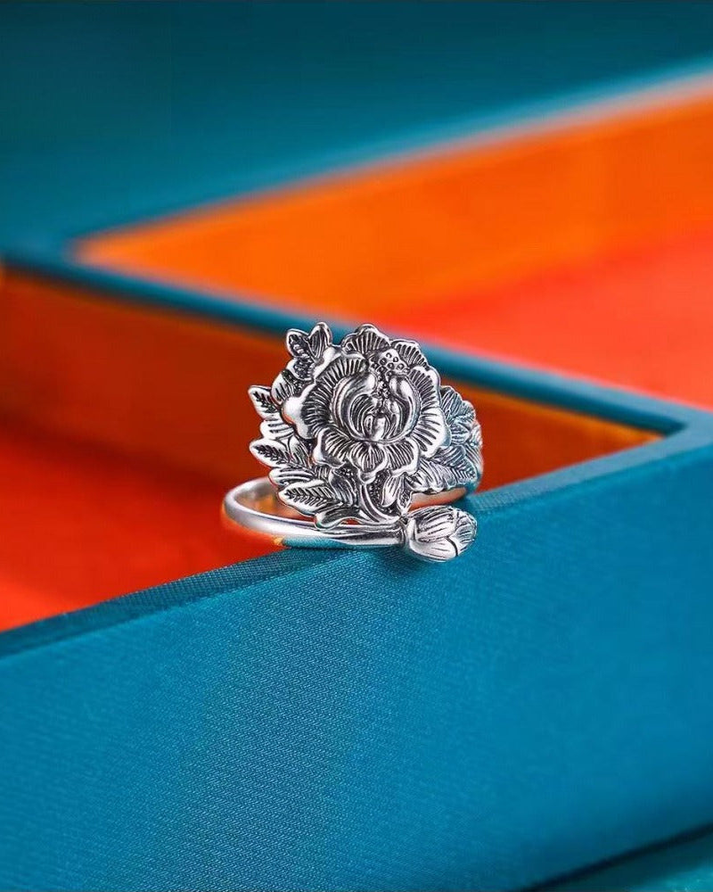 999 Fine Silver Peony & Lotus Pod Open Adjustable Ring