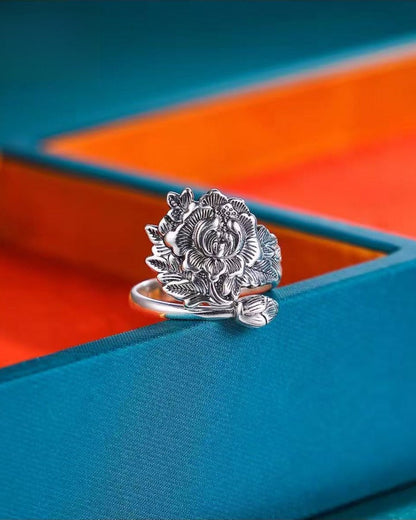 999 Fine Silver Peony & Lotus Pod Open Adjustable Ring