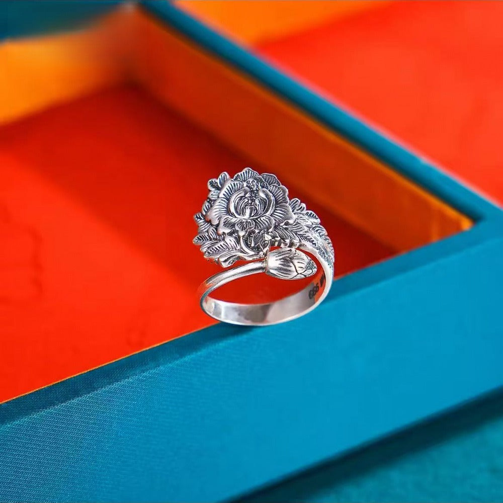 999 Fine Silver Peony & Lotus Pod Open Adjustable Ring