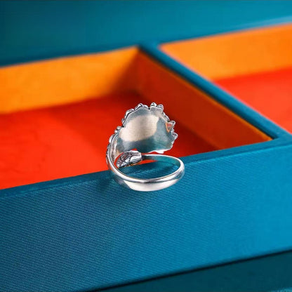 999 Fine Silver Peony & Lotus Pod Open Adjustable Ring