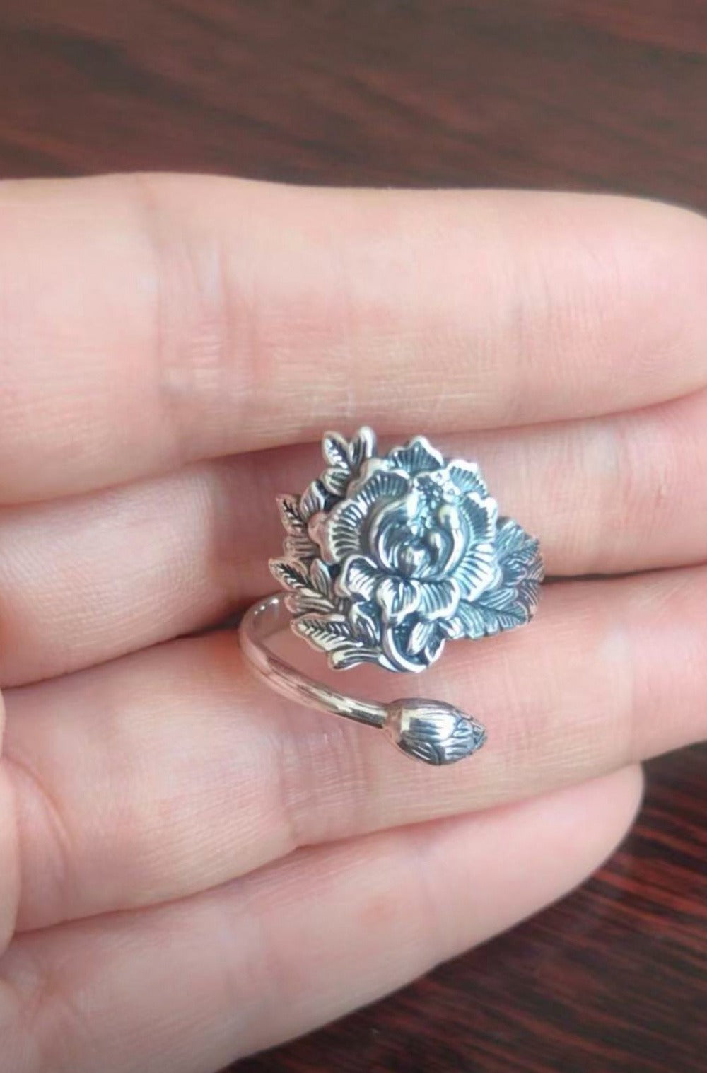 999 Fine Silver Peony & Lotus Pod Open Adjustable Ring