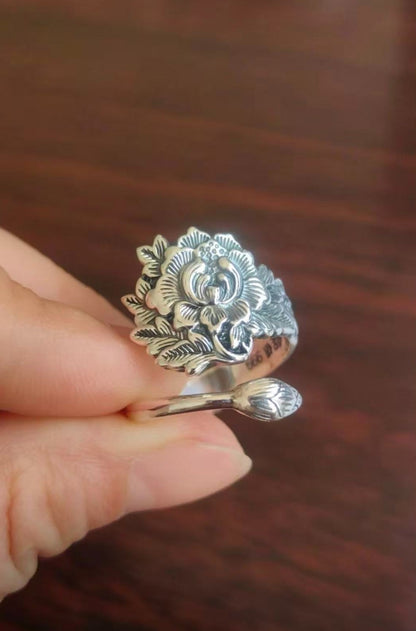 999 Fine Silver Peony & Lotus Pod Open Adjustable Ring
