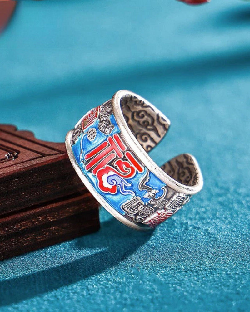 999 Fine Silver Enamel Hundred Blessings Open Adjustable Ring