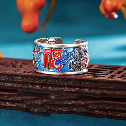 999 Fine Silver Enamel Hundred Blessings Open Adjustable Ring