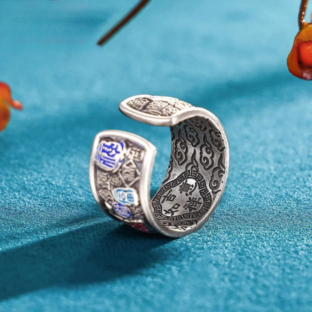 999 Fine Silver Enamel Hundred Blessings Open Adjustable Ring