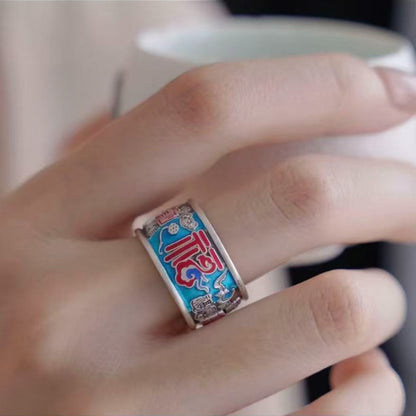 999 Fine Silver Enamel Hundred Blessings Open Adjustable Ring