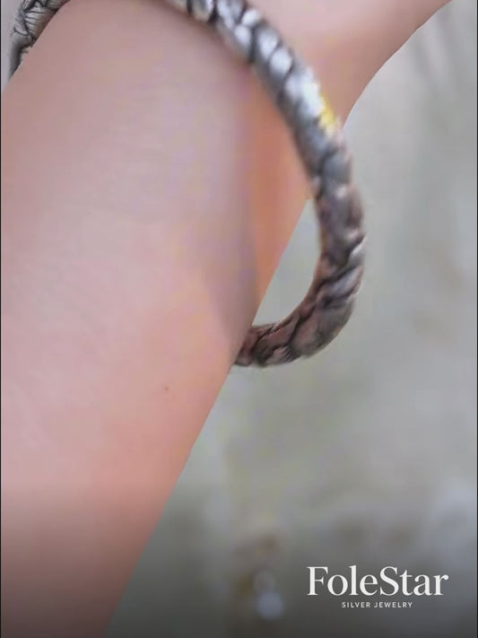 999 Fine Silver Gold-stamen Peony Open Bangle