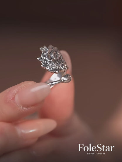 999 Fine Silver Peony & Lotus Pod Open Adjustable Ring